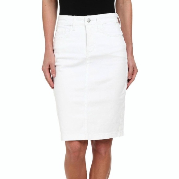 white denim skirt below the knee